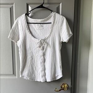 aerie White Scoop Neck Button-Front Tie Short Sleeve Top